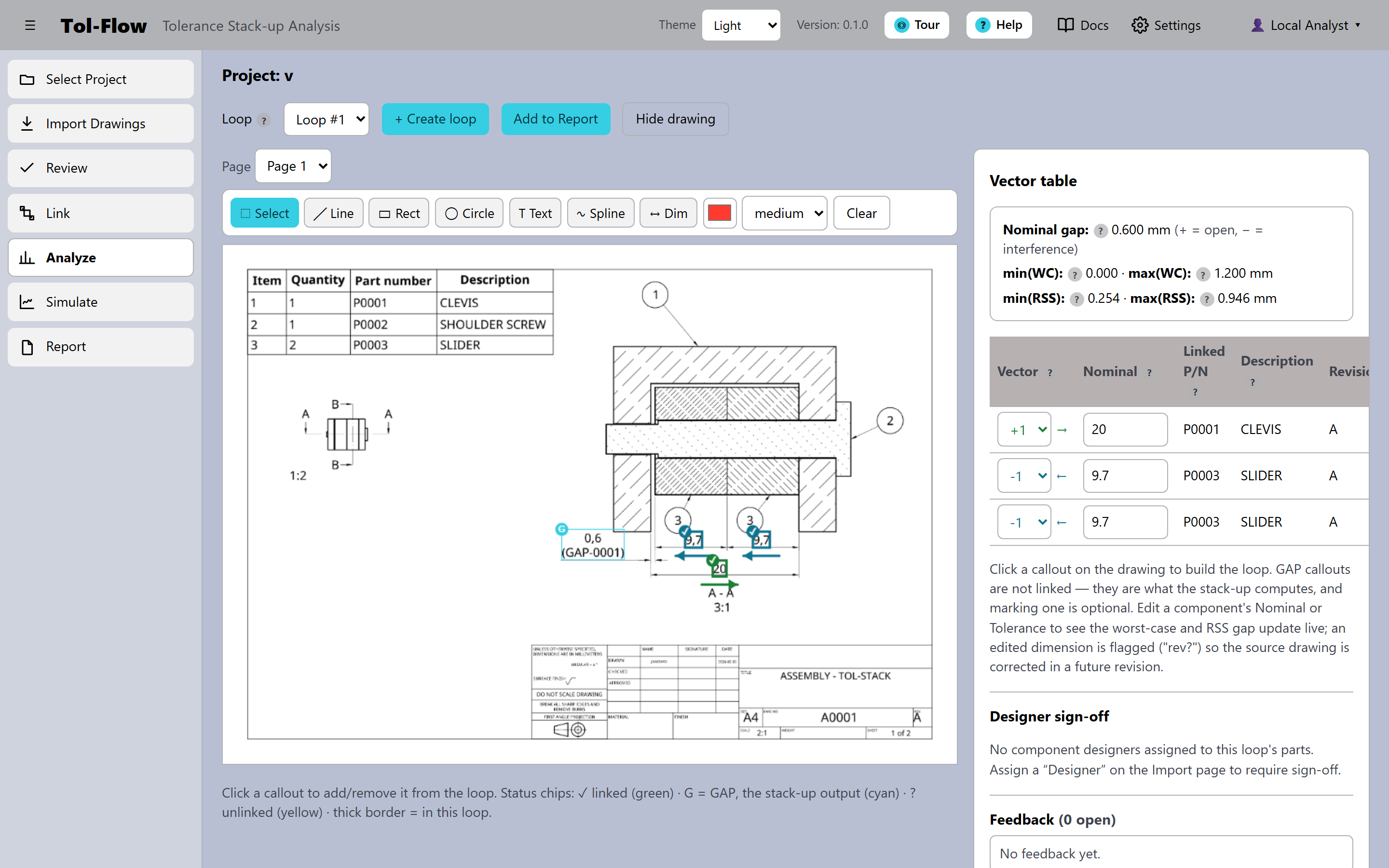 TolFlow loop builder with worst-case and RSS results