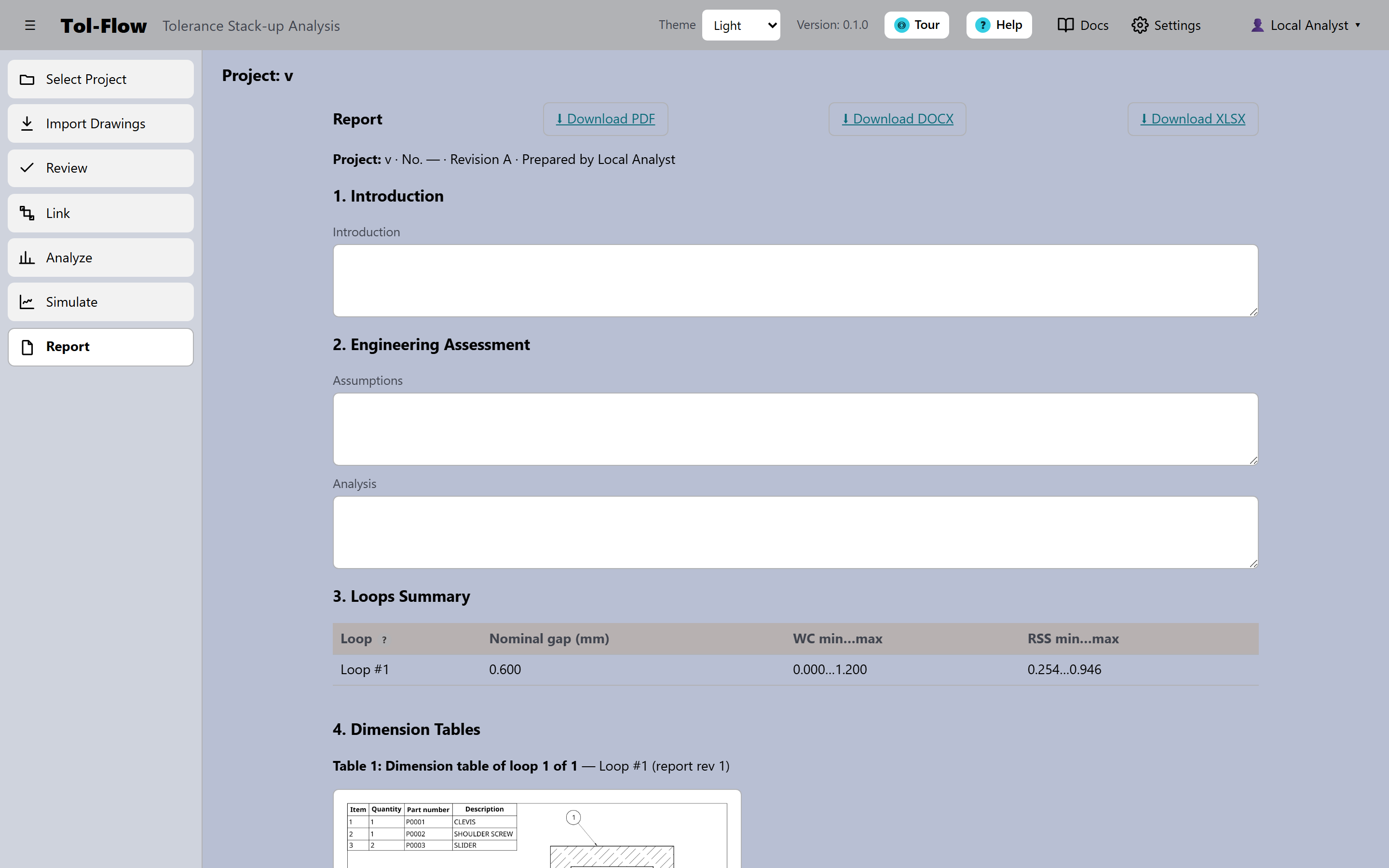 TolFlow exported tolerance analysis report